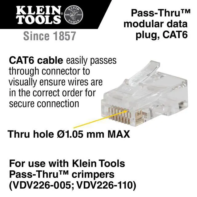 Alt view image 2 of 7 - Klein Tools VDV826-729 Pass-Thru Modular Data Plugs, RJ45-CAT6, 10-Pack, Gold Plated, Power Over Ethernet-FCC-RoHS Compliant, For Solid or Stranded Cable
