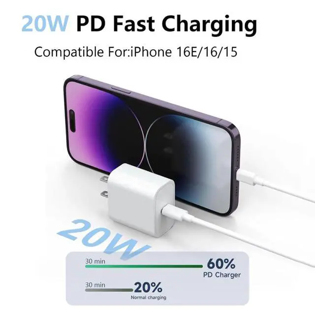 Alt view image 3 of 7 - 6ft iPhone 17/17E/16E/16/15 Charger, 20W USB C Fast Charger Cord for iPhone 17Air,15 16 17 Pro Max,15/16 Plus, USB c to USB c Woven Cable for AirPods 4,AirPods Pro 2nd/3rd Gen, Max 2 Charging Block