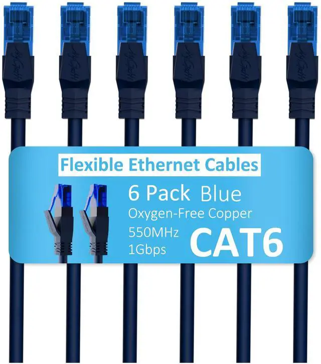 Main image of Cat6 Ethernet Cable 1 FT (6-Pack), Snagless Cat 6 Patch Cable, Upgraded Flexible PVC Jacket, Multi-Pack, OFC, 1Gbps, Cat6 Internet Network Cables, UTP, PC, Router, Servers, IT Data Center, Blue