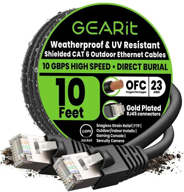 Main image of Cat6 Outdoor Ethernet Cable (10ft) 23AWG Pure Copper, FTP, LLDPE, Waterproof, Direct Burial, In-Ground, UV Resistant, POE, Network, LAN, Internet, Cat 6, Cat6 Cable - 10 Feet