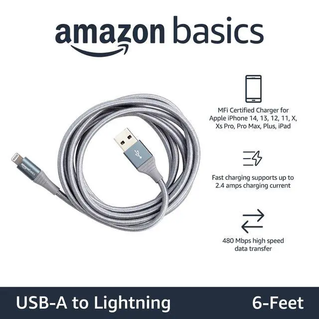 Alt view image 2 of 5 - USB-A to Lightning Charger Cable, Nylon Braided Cord, MFi Certified for Apple iPhone 14 13 12 11 X Xs Pro, Pro Max, Plus, iPad, 10,000 Bend Lifespan, High Speed Transfer, 6ft, Dark Gray