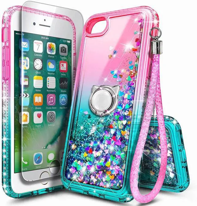 Main image of Designed for iPhone SE (3rd 2022 & 2nd Gen 2020)/iPhone 8/7/6/6S Case, Pink/Aqua | Glitter Liquid Cute Cover for Women Girls Kids | with Tempered Glass Screen Protector & Ring Holder-Wrist Strap