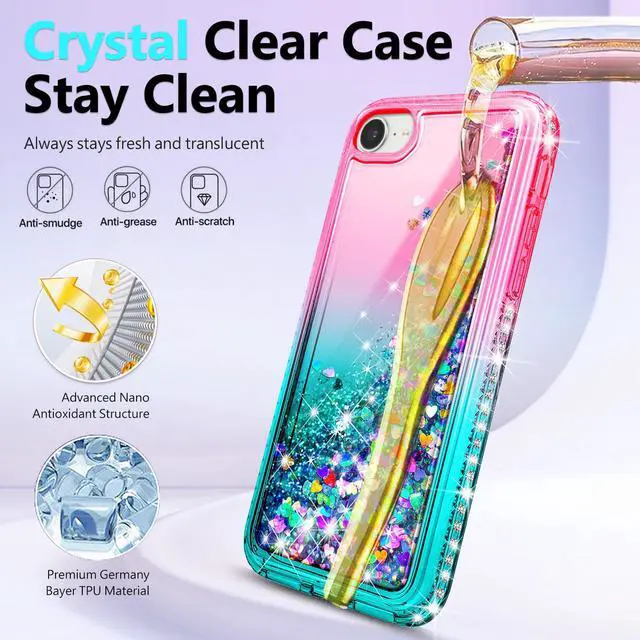 Alt view image 4 of 7 - Designed for iPhone SE (3rd 2022 & 2nd Gen 2020)/iPhone 8/7/6/6S Case, Pink/Aqua | Glitter Liquid Cute Cover for Women Girls Kids | with Tempered Glass Screen Protector & Ring Holder-Wrist Strap