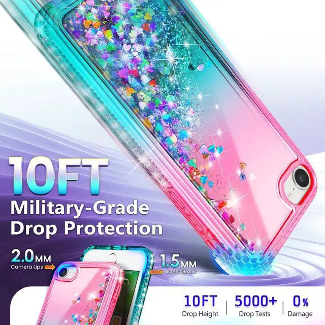 Alt view image 5 of 7 - Designed for iPhone SE (3rd 2022 & 2nd Gen 2020)/iPhone 8/7/6/6S Case, Pink/Aqua | Glitter Liquid Cute Cover for Women Girls Kids | with Tempered Glass Screen Protector & Ring Holder-Wrist Strap