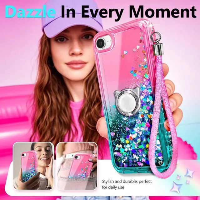 Alt view image 7 of 7 - Designed for iPhone SE (3rd 2022 & 2nd Gen 2020)/iPhone 8/7/6/6S Case, Pink/Aqua | Glitter Liquid Cute Cover for Women Girls Kids | with Tempered Glass Screen Protector & Ring Holder-Wrist Strap