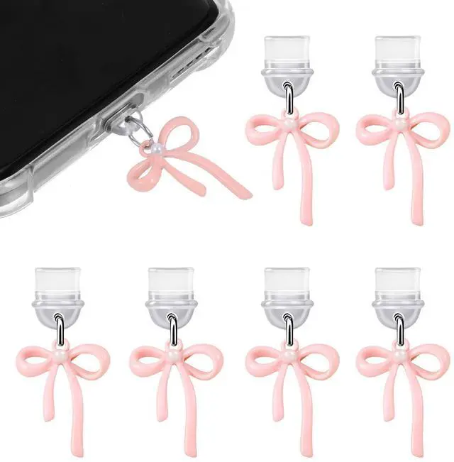 Main image of Charms for Dust Plug 6 PCS Pink Bow Dust Plug Charm Compatible with E-Reader & Type C Devices Acrylic Decorative Accessories Gift for Readers Book Lovers Men Women Teachers Students