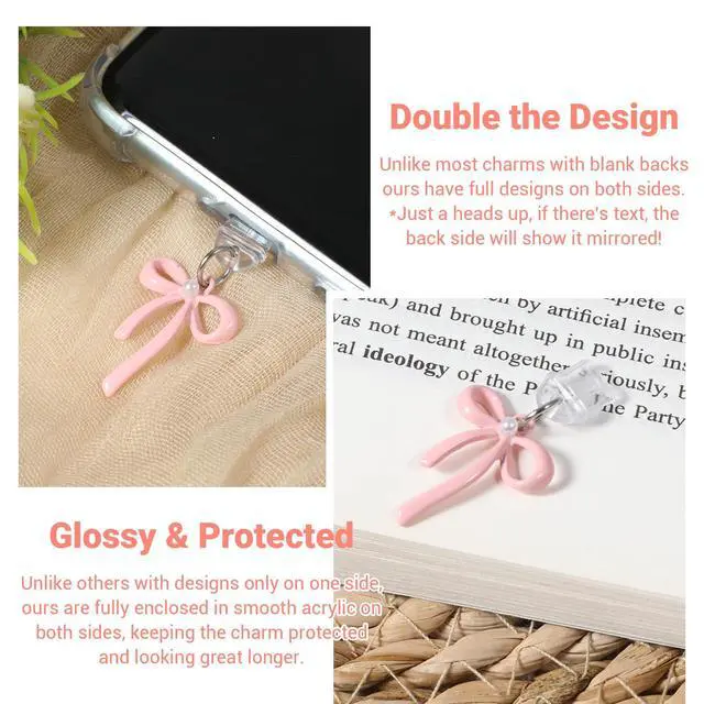 Alt view image 4 of 7 - Charms for Dust Plug 6 PCS Pink Bow Dust Plug Charm Compatible with E-Reader & Type C Devices Acrylic Decorative Accessories Gift for Readers Book Lovers Men Women Teachers Students