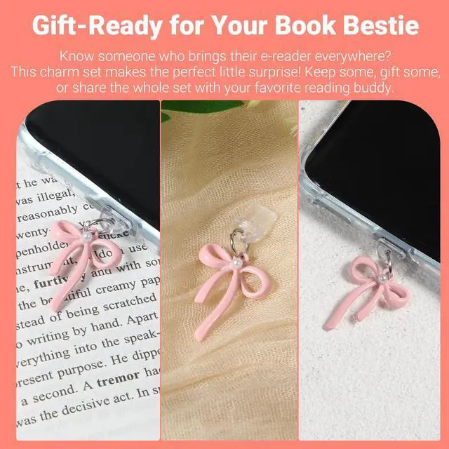 Alt view image 6 of 7 - Charms for Dust Plug 6 PCS Pink Bow Dust Plug Charm Compatible with E-Reader & Type C Devices Acrylic Decorative Accessories Gift for Readers Book Lovers Men Women Teachers Students