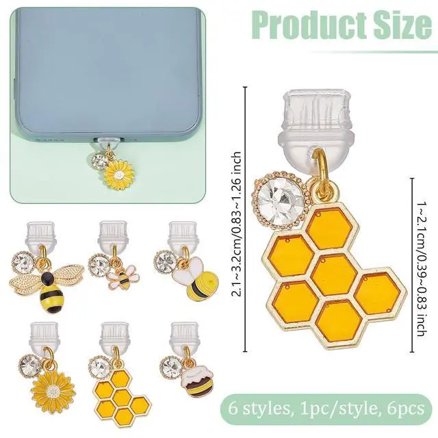 Alt view image 2 of 6 - 6Pcs Dust Plug Charm Type C Anti Dust Plugs 0.8~1.3 inch Long Mobile Dustproof Plugs with Bee Honeycomb Pendants USB C Port Caps Protector Pendants Charging Port Plugs for Most Type C Phone