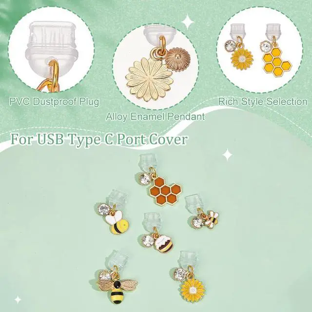 Alt view image 4 of 6 - 6Pcs Dust Plug Charm Type C Anti Dust Plugs 0.8~1.3 inch Long Mobile Dustproof Plugs with Bee Honeycomb Pendants USB C Port Caps Protector Pendants Charging Port Plugs for Most Type C Phone