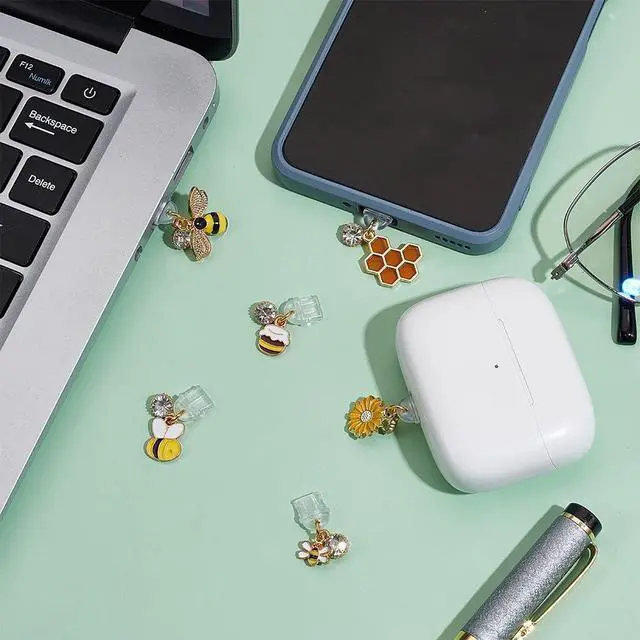 Alt view image 5 of 6 - 6Pcs Dust Plug Charm Type C Anti Dust Plugs 0.8~1.3 inch Long Mobile Dustproof Plugs with Bee Honeycomb Pendants USB C Port Caps Protector Pendants Charging Port Plugs for Most Type C Phone