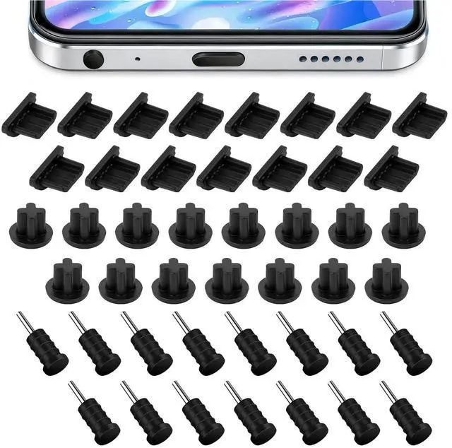Main image of 45 Pieces 3.5mm Rubber Dust Plugs Caps Protector, Anti-Dust Headphone Jack Dust Plugs Cover USB-C Charge Port Protector Plug Covers for Earphone Mobile Phone Laptop Desktop Computer, Black