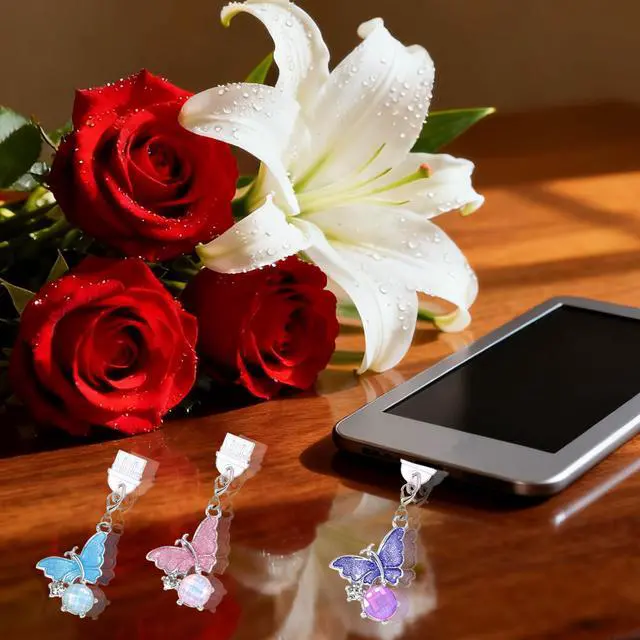 Alt view image 2 of 5 - 6 Pcs Cute Dust Plug Charms for Phone & Kindle, Type-C Charging Port Accessories with Butterfly, Star, Moon and Flower Designs, Anti-Dust Decorative Set (Style C)