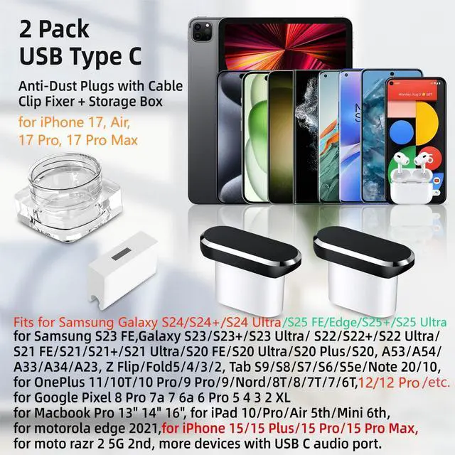 Alt view image 2 of 7 - USB C Dust Plugs for iPhone 17 16 Pro Max 15 Plus 16e 17e,2 Pack Anti Dust Cover for Samsung S26 Ultra A17 A16 S25 FE S23 A36 A37 Pixel 10a 9a Type C Charging Port Protector with Cable Clip Clear Case