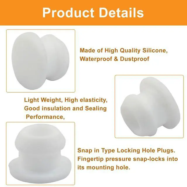 Alt view image 3 of 5 - 20PCS 8mm/0.31 Inch Silicone Hole Plugs Snap in Locking, Rubber Hole Plug Waterproof Tapered Round Hole Stoppers Flush Type Panel Plugs Fastener(White)