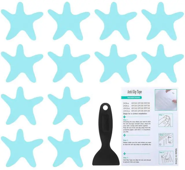 Main image of Bathtub Non Slip Stickers 3.86x3.86 Inch, 12 Pack Starfish Safety Shower Floor Anti Slip Stickers with Adhesive Decals Scraper for Bath Tub Shower Floor Stair, Blue