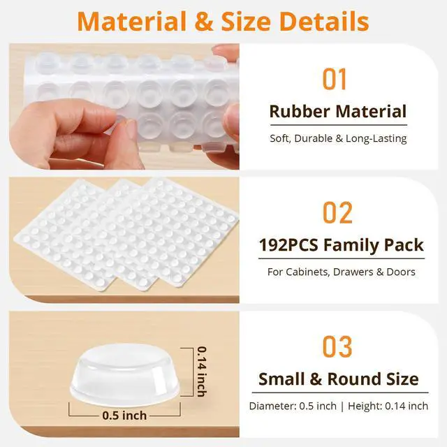 Alt view image 2 of 7 - 192 PCS Clear Rubber Cabinet Door Bumpers Self Adhesive Silicone Pads for Cabinets, Drawers, Doors, Soft Close & Anti-Slam Protection