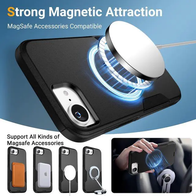 Alt view image 3 of 7 - MagSafe Case for iPhone 16/17E, 6.1 Inch, Military Grade 10 ft Drop Protection, Powerful Magnet, 4 mm Raised Edge, Non-Slip Fingerprint Resistant Cover, Black