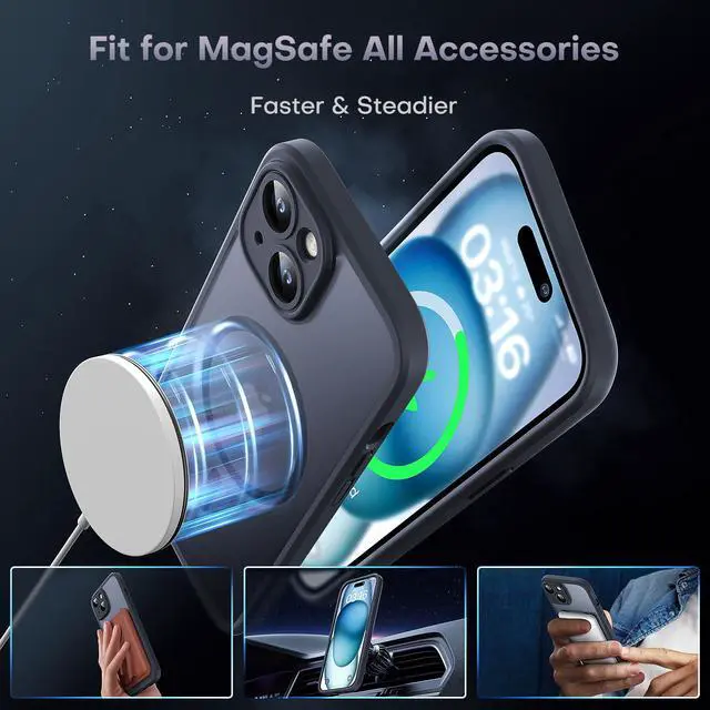 Alt view image 3 of 7 - for iPhone 15 Case, Compatible with Magsafe, Full Camera Protection, Built-in Magnetic Ring, Drop Protection, Translucent Matte Phone Case for iPhone 15 6.1 inch (Black)