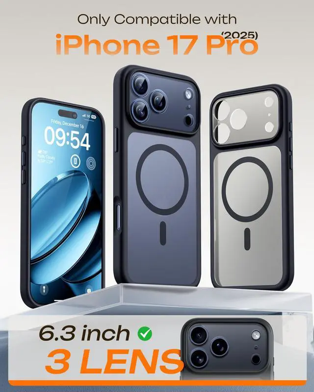 Alt view image 2 of 7 - for iPhone 17 Pro Case, Compatible with Magsafe, Built-in Magnets, Full Camera Protection, Drop Protection, Translucent Matte for iPhone 17 Pro Phone Case 6.3 inch (Black)