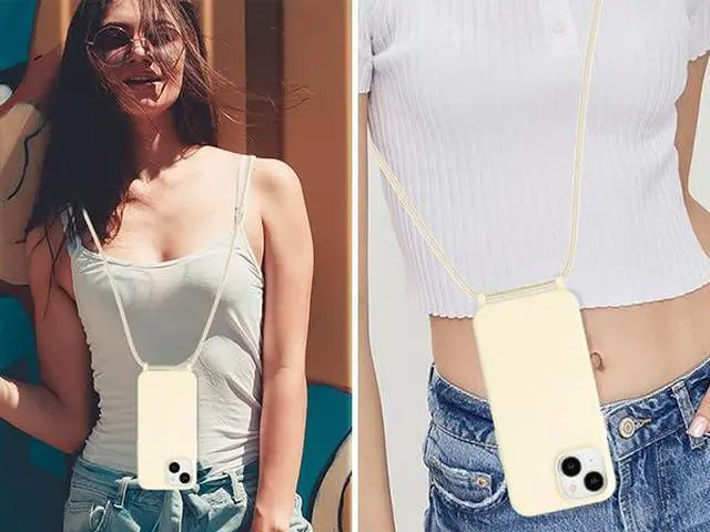 Alt view image 5 of 5 - for iPhone 13/14 Case with Strap,Crossbody Phone Case with Adjustable Neck Shoulder Lanyard,Soft Silicone Shockproof Protective Phone Cover for iPhone 13/14 6.1 inch-Beige