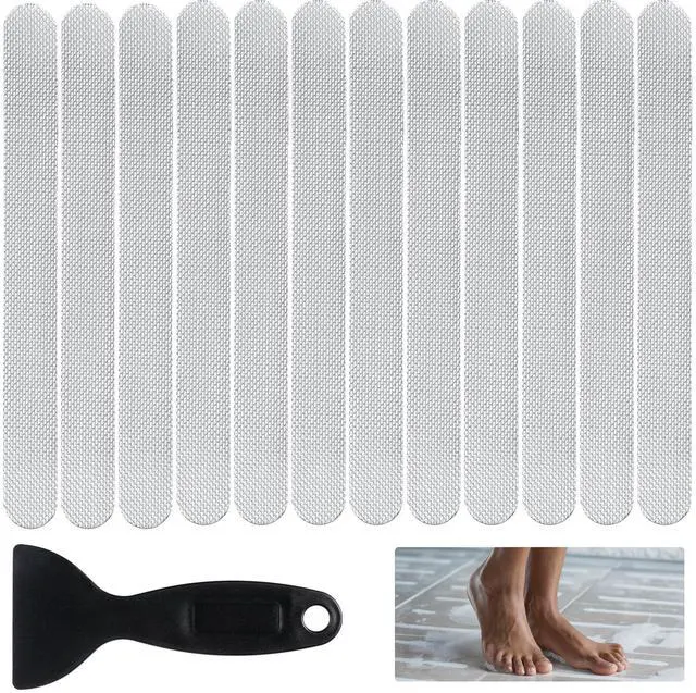 Main image of Anti Slip Shower Stickers, Safety Bathtub Strips Non Slip Bathtub Stickers with Scraper Adhesive Decals Shower Strips Treads for Shower Stairs Bathroom Bath Tubs (0.78 × 7.87 inches, 12 Pcs)