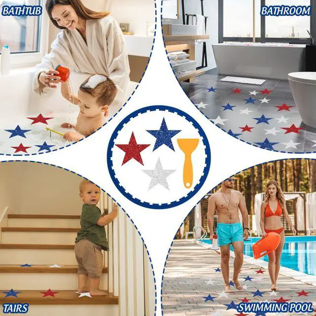 Alt view image 7 of 7 - 24 Pcs 4th of July Non Slip Bathtub Sticker with Scraper 250th Anniversary American Patriotic Star Anti Slip Shower Tread Adhesive Shower Decal for Independence Day Bathroom Decoration
