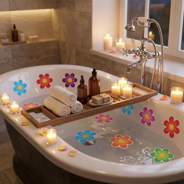 Alt view image 7 of 7 - 26 PCS Non Slip Bathtub Stickers, Flower Shower Stickers with Scraper, Adhesive Anti Slip Decals for Bathtub, Shower Floor, Bathroom Safety (Colorful)