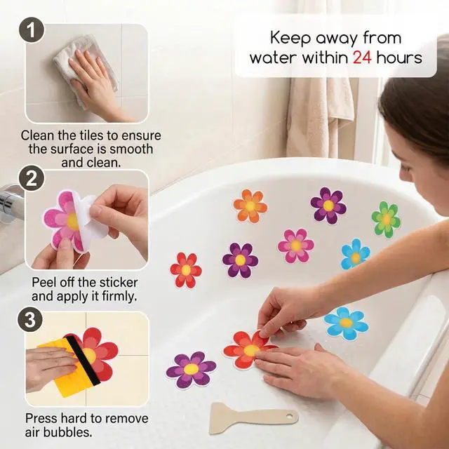 Alt view image 5 of 7 - 26 PCS Non Slip Bathtub Stickers, Flower Shower Stickers with Scraper, Adhesive Anti Slip Decals for Bathtub, Shower Floor, Bathroom Safety (Colorful)