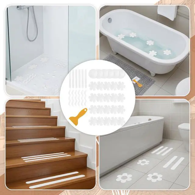 Alt view image 4 of 7 - 38 PCS Shower Floor Non Slip Stickers, Clear Bathtub Anti Slip Treads, Multi-Shape Adhesive Grip Decals for Bath Tub, Premium Strips with 4 Scrapers