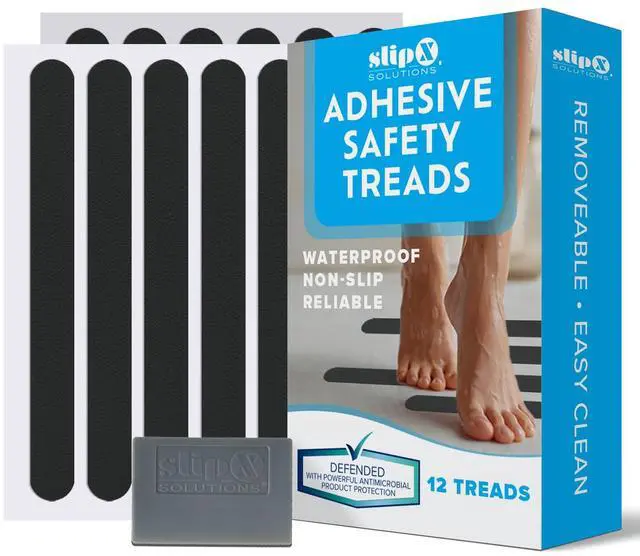 Main image of Adhesive Anti-Slip Safety Treads, Non Slip Shower Stickers, Reliable Grip for Bathtubs, Showers, Pools, Boats, Stairs & More, Safety Stickers (12 Pack, 7.5 x 0.75, Black)