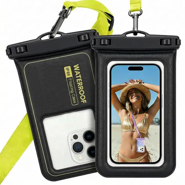 Main image of Floating Waterproof Pouch, with Adjustable Neck Lanyard, Marine IP68 Cellphone Dry Bag Compatible with 17/16/15/14/13 Pro Max/12/S24 Up to 7", 1 Pack-Black/Yellow