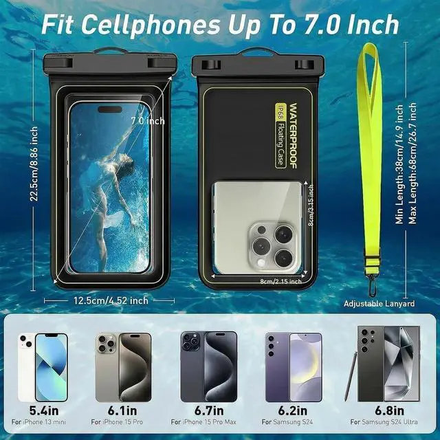 Alt view image 2 of 4 - Floating Waterproof Pouch, with Adjustable Neck Lanyard, Marine IP68 Cellphone Dry Bag Compatible with 17/16/15/14/13 Pro Max/12/S24 Up to 7", 1 Pack-Black/Yellow