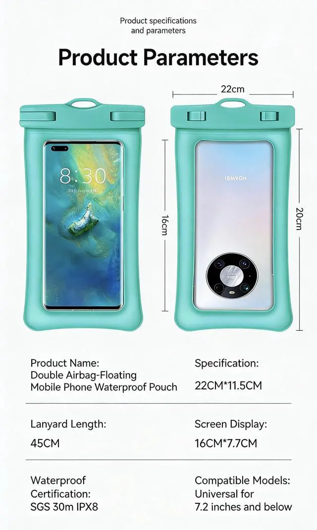 Alt view image 5 of 6 - Waterproof Phone Pouch with Airbag Floating Design, IPX8 Universal Dry Bag for Smartphones Up to 6.9 Inches, Black, Touch Screen Compatible with Lanyard for Water Sports