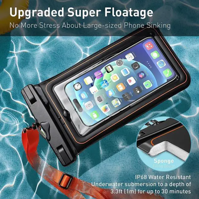 Alt view image 2 of 6 - Marine IP68 Waterproof Phone Pouch, Floating Waterproof Dry Bag Compatible for iPhone 17 16 15 14 13Pro Max Plus Up to 7",Cellphone Cruise Essentials Must Haves, 1 Pack- Black/Hi-Vis Orange