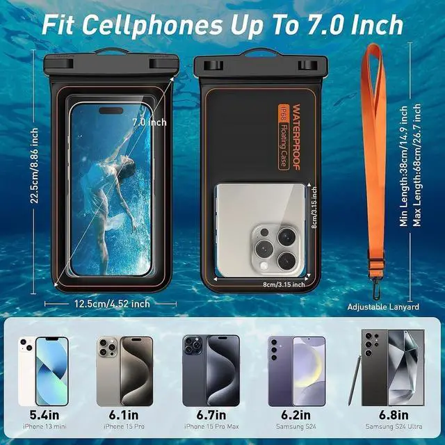 Alt view image 3 of 6 - Marine IP68 Waterproof Phone Pouch, Floating Waterproof Dry Bag Compatible for iPhone 17 16 15 14 13Pro Max Plus Up to 7",Cellphone Cruise Essentials Must Haves, 1 Pack- Black/Hi-Vis Orange