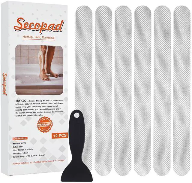 Main image of Original Anti-Slip Shower Stickers for Bathtub & Shower Floor, Strong Adhesive Safety Strips with Scraper Ideal for Families with Kids, Adults & Seniors, 12 PCS (Clear)