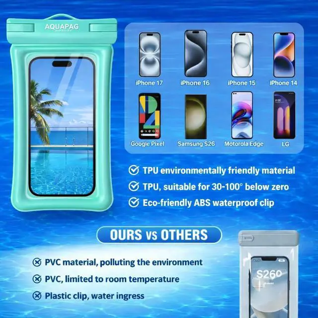 Alt view image 5 of 7 - IP68 Waterproof Phone Pouch 2 Pack-Up to 8.0"Adjustable Neck Lanyard Floating Waterproof Phone Case for iPhone,Phone Dry Bags for Vacation Beach Pool Travel Essentials (Aqua Green 2 Pack)