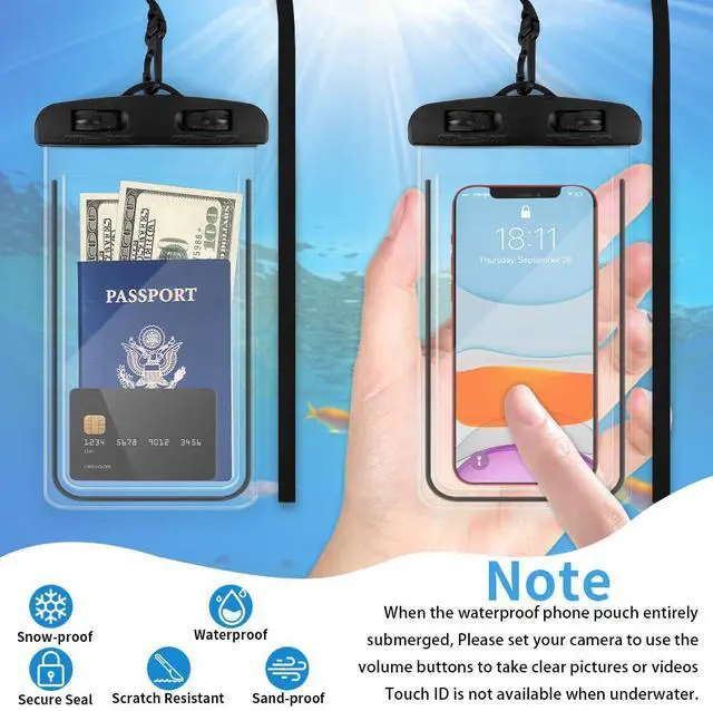 Alt view image 3 of 7 - Waterproof Phone Pouch, 2 Pack Black Water Proof Cell Phone Case, Phone Wet Dry Bag Holder Beach Vacation Waterpark Underwater Cruise Essentials Accessories Must Haves Packing List Stuff for Men Women