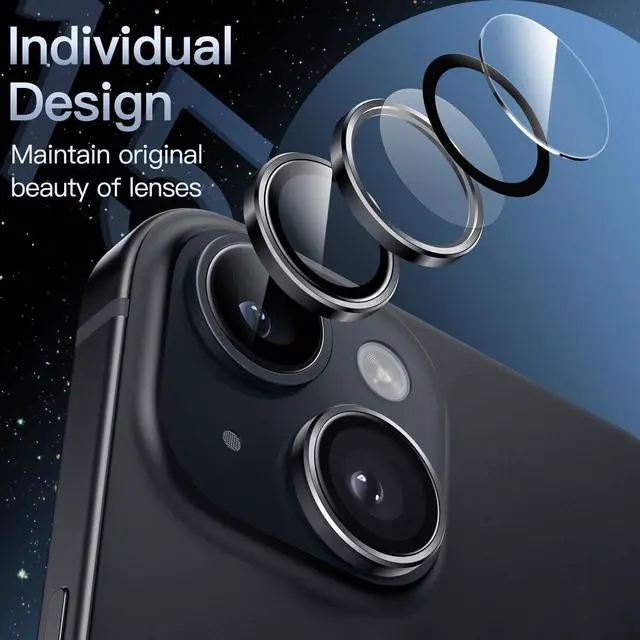 Alt view image 3 of 7 - Camera Lens Protector for iPhone 15 6.1-Inch and iPhone 15 Plus 6.7-Inch, 9H Tempered Glass Metal Individual Ring Cover, HD Clear, 1 Set (Midnight)