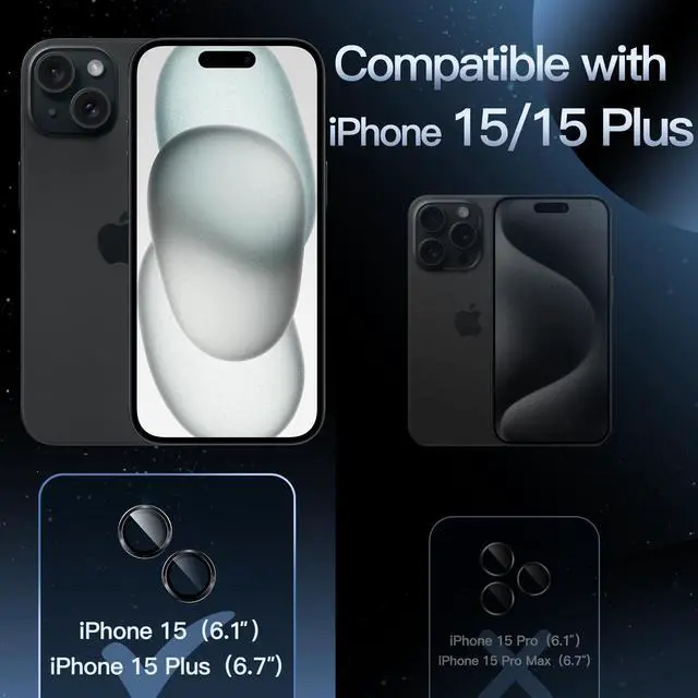 Alt view image 2 of 7 - Camera Lens Protector for iPhone 15 6.1-Inch and iPhone 15 Plus 6.7-Inch, 9H Tempered Glass Metal Individual Ring Cover, HD Clear, 1 Set (Midnight)
