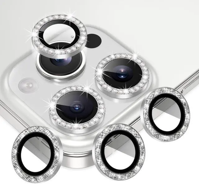 Main image of 3+3 6 Pack for iPhone 16 Pro 6.3" / 16 Pro Max 6.9" Camera Lens Protector, Bling Diamond & Bling Glitter Metal Ring 9H Tempered HD Glass Camera Cover Film, Bling-Silver