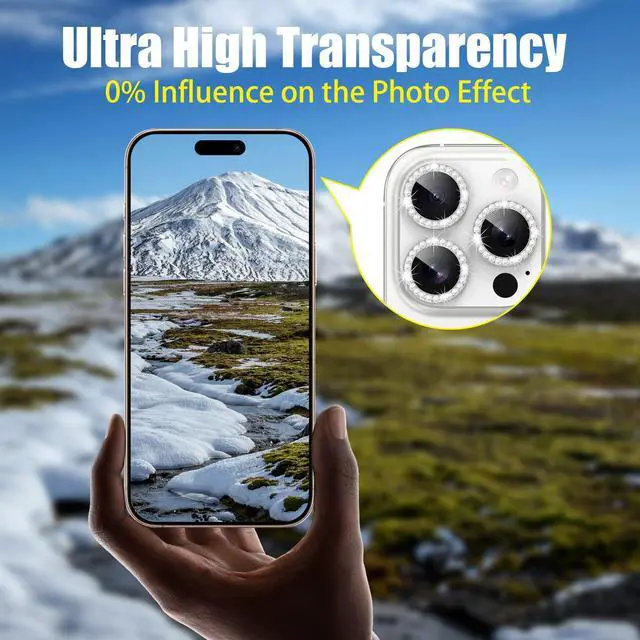 Alt view image 6 of 7 - 3+3 6 Pack for iPhone 16 Pro 6.3" / 16 Pro Max 6.9" Camera Lens Protector, Bling Diamond & Bling Glitter Metal Ring 9H Tempered HD Glass Camera Cover Film, Bling-Silver