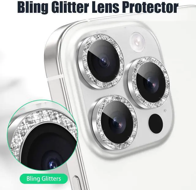 Alt view image 5 of 7 - 3+3 6 Pack for iPhone 16 Pro 6.3" / 16 Pro Max 6.9" Camera Lens Protector, Bling Diamond & Bling Glitter Metal Ring 9H Tempered HD Glass Camera Cover Film, Bling-Silver