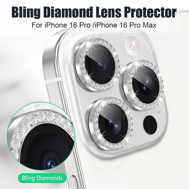Alt view image 4 of 7 - 3+3 6 Pack for iPhone 16 Pro 6.3" / 16 Pro Max 6.9" Camera Lens Protector, Bling Diamond & Bling Glitter Metal Ring 9H Tempered HD Glass Camera Cover Film, Bling-Silver