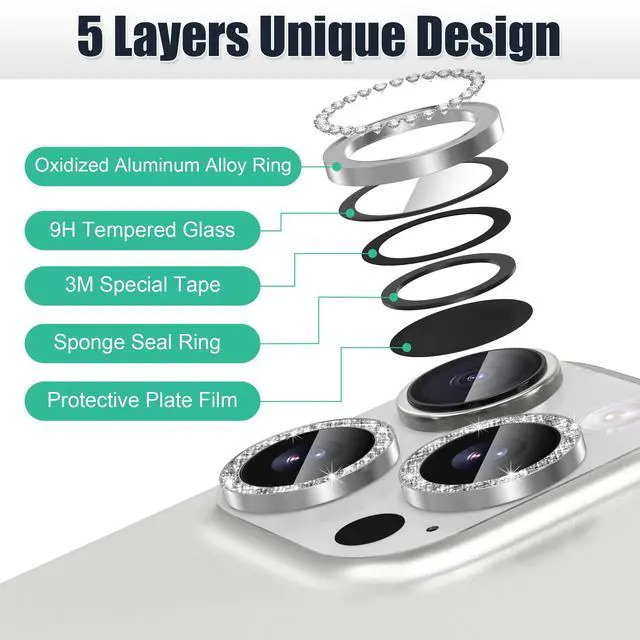Alt view image 7 of 7 - 3+3 6 Pack for iPhone 16 Pro 6.3" / 16 Pro Max 6.9" Camera Lens Protector, Bling Diamond & Bling Glitter Metal Ring 9H Tempered HD Glass Camera Cover Film, Bling-Silver