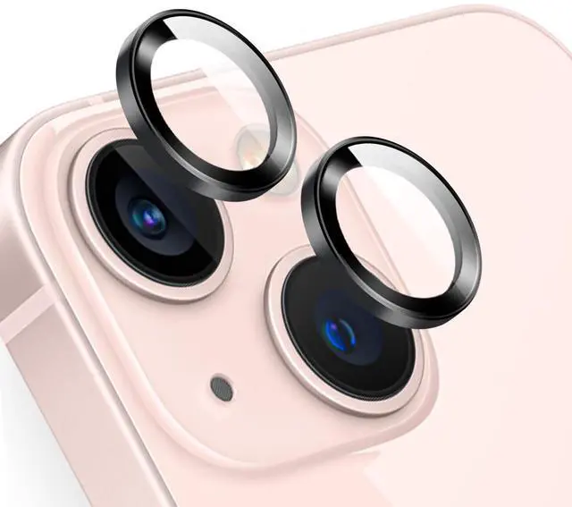 Main image of Camera Lens Protector for iPhone 13 & iPhone 13 Mini, 9H Tempered Glass Camera Screen Cover, Black Metal Individual Ring