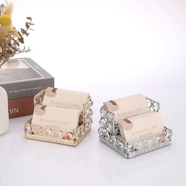 Alt view image 2 of 7 - 2 Tiers Crystal Business Card Holder Stand Gold Mirrored Business Card Display Stand Organizer Desktop Business Card Storage Holder for Office Countertop