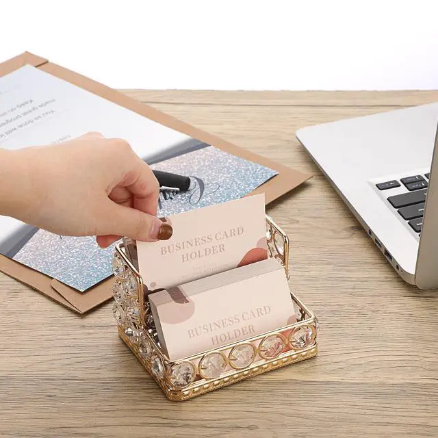 Alt view image 5 of 7 - 2 Tiers Crystal Business Card Holder Stand Gold Mirrored Business Card Display Stand Organizer Desktop Business Card Storage Holder for Office Countertop