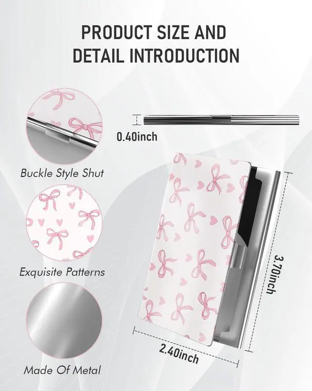 Alt view image 3 of 6 - Business Card Metal Slim Organizer, Professional Stainless Steel Square Pocket Wallet for Office Workers, Compact and Portable for Pockets (Pink Bow)